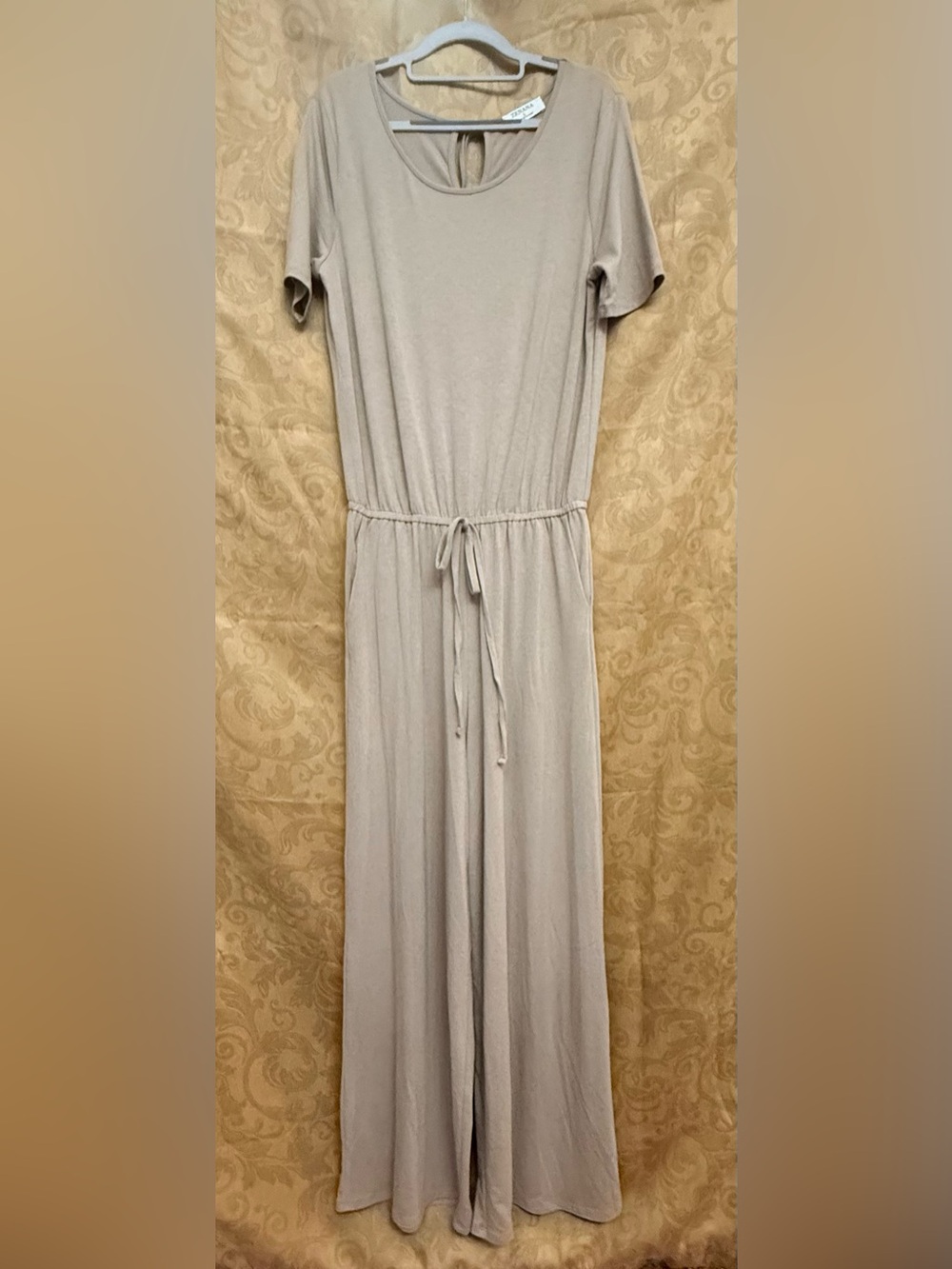 Everyday Short Sleeve Drawstring Waist Wide Leg Romper in Beige